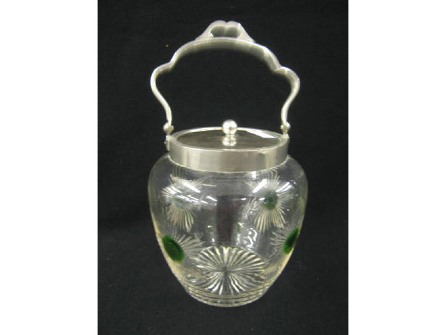 Appraisal: English Art Glass Biscuit Jar green overlay ray cut floral