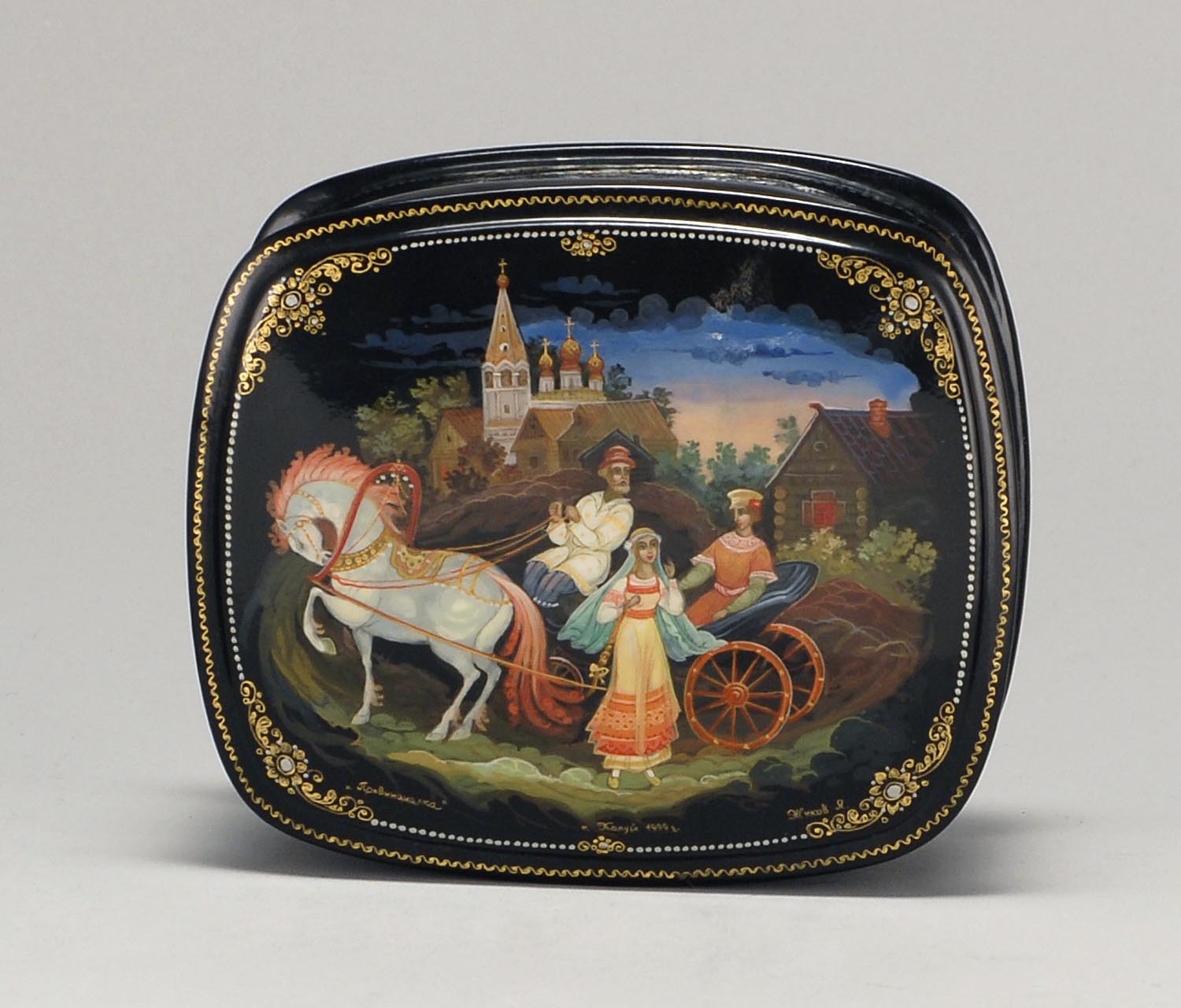 Appraisal: RUSSIAN LACQUER BOX Depicting a prince a young maiden and