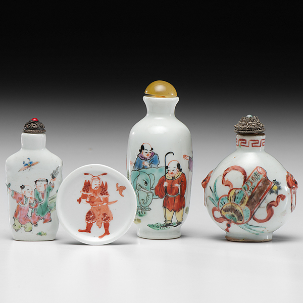 Appraisal: Chinese th century Three porcelain snuff bottles decorated with enamel