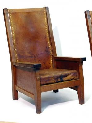 Appraisal: AN ADZED OAK ARMCHAIR by Robert Mouseman Thompson the leather