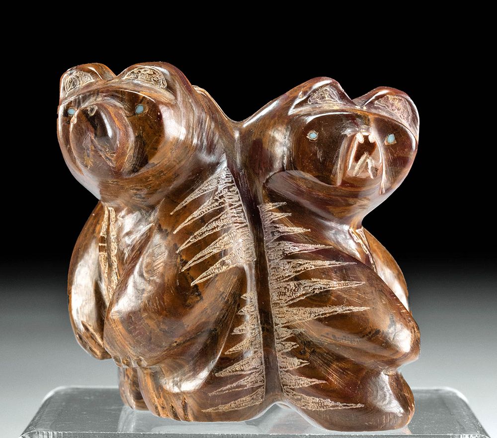 Appraisal: th C Zuni Alabaster Stone Double Bear Fetish Carving Native