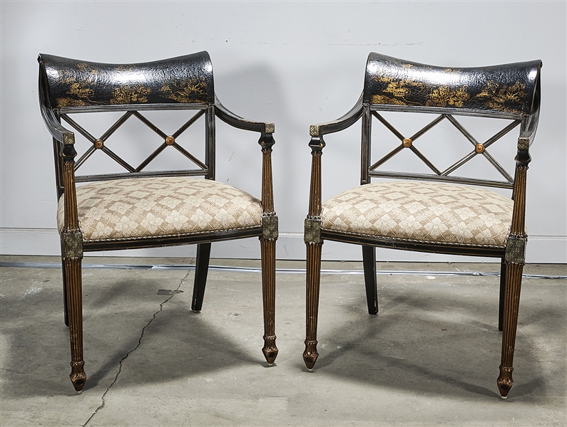 Appraisal: Pair of chinoiserie cushioned arm chairs painted landscapes with figures