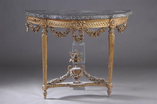 Appraisal: NEOCLASSICAL GILTWOOD DEMILUNE CONSOLE th century probably Italian Guilloche-carved frieze