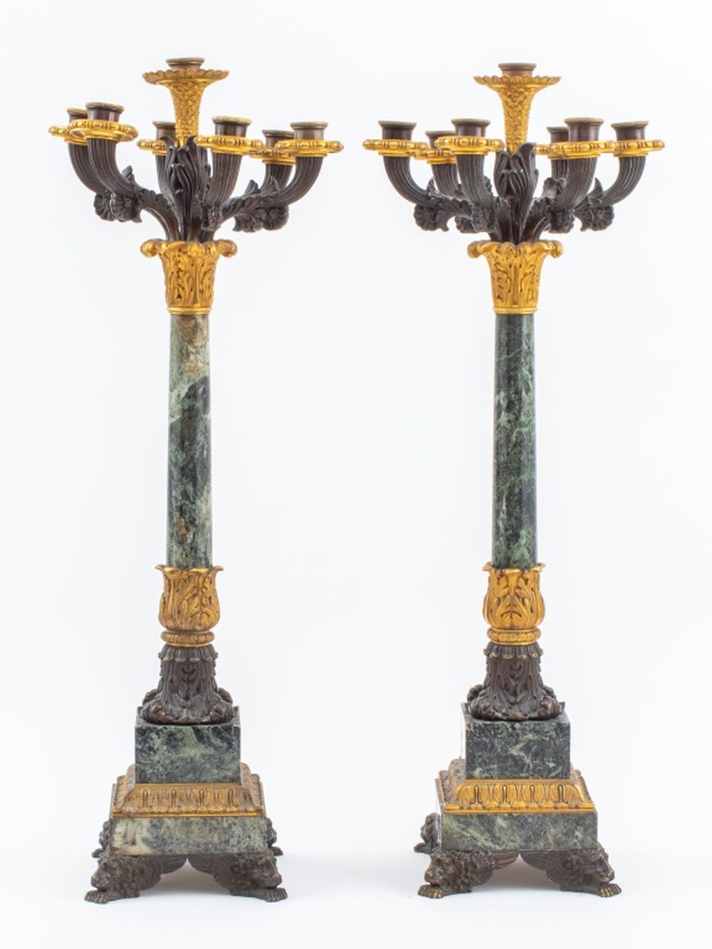 Appraisal: CHARLES X BRONZE GREEN MARBLE CANDELABRA PAIR Pair of French