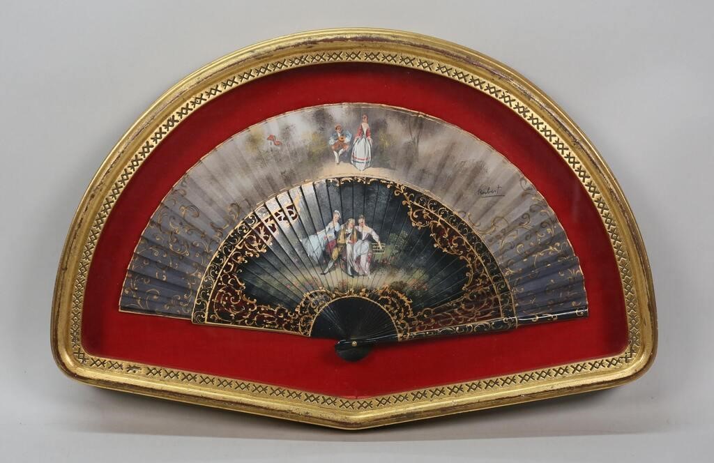 Appraisal: HAND PAINTED FAN SIGNED ROBERTHand painted fan with courting scenes