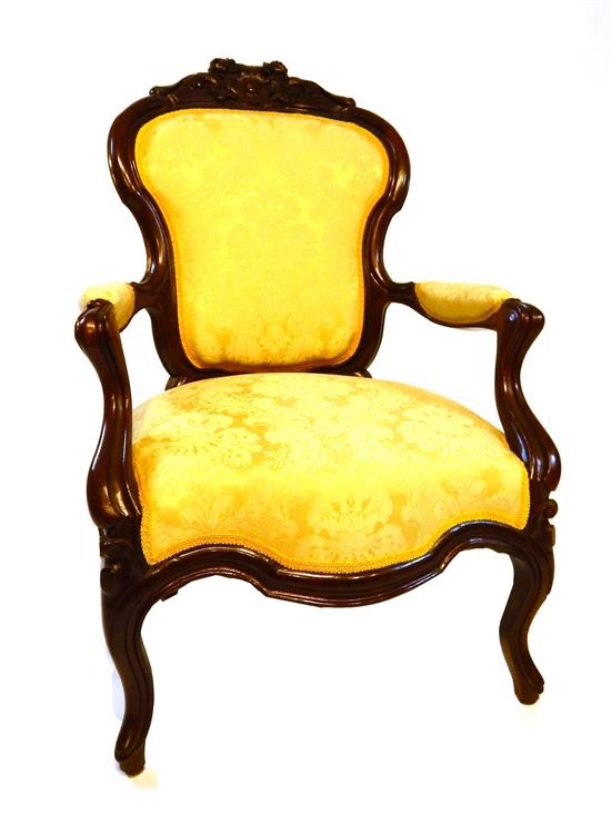 Appraisal: th C Victorian gentleman's chair walnut gold upholstery with scroll