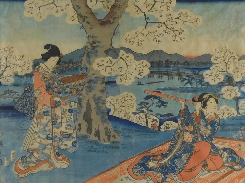 Appraisal: ASIAN Japanese woodblock print diptych of ladies in garden one