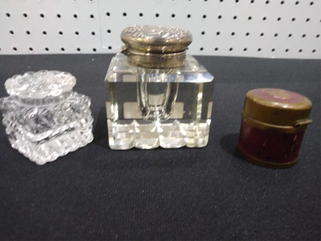 Appraisal: Group of vintage ink wells including brass and leather with