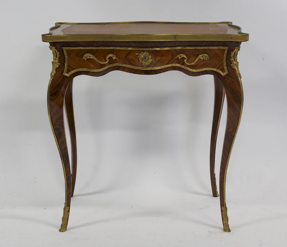 Appraisal: th Century Bronze Mounted Leathertop Table with Drawer Rosewood Banding