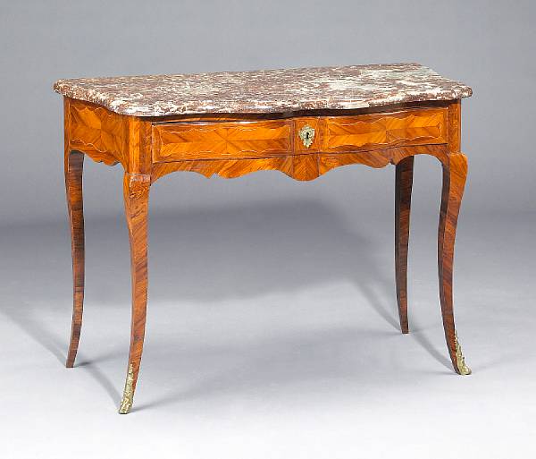 Appraisal: A Louis XV tulipwood and marquetry console table mid th