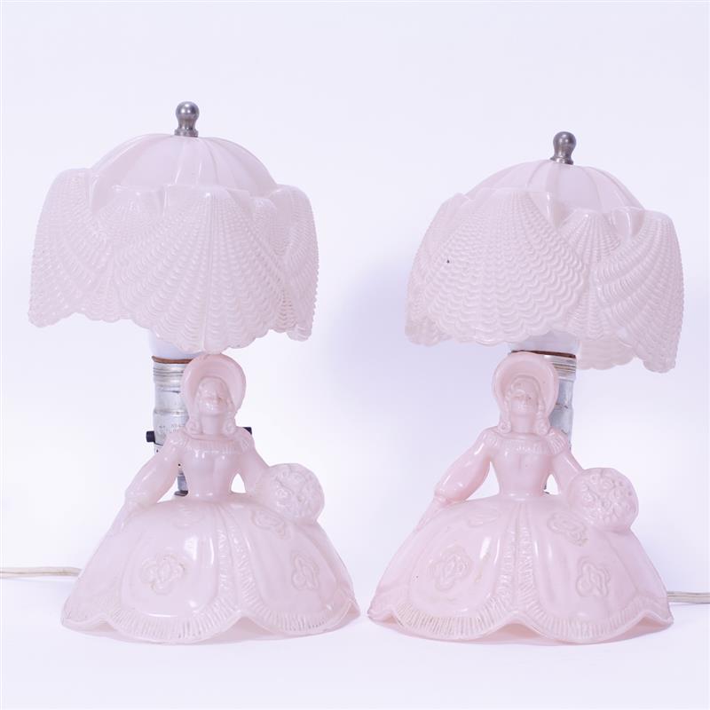 Appraisal: Pair of Pink Glass Lady Boudoir Dresser Lamps H x