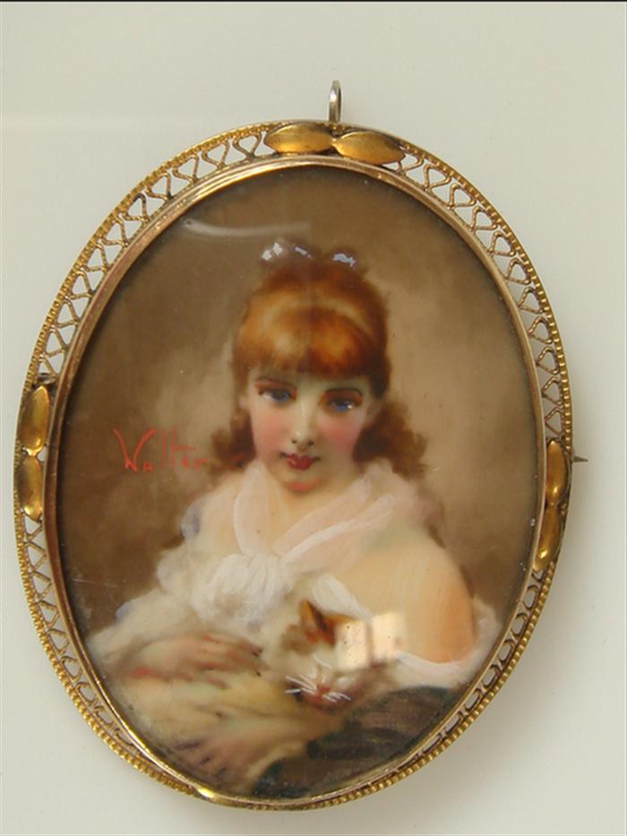 Appraisal: Gold-filled Framed Portrait Brooch Hand painted portrait under glass depicting