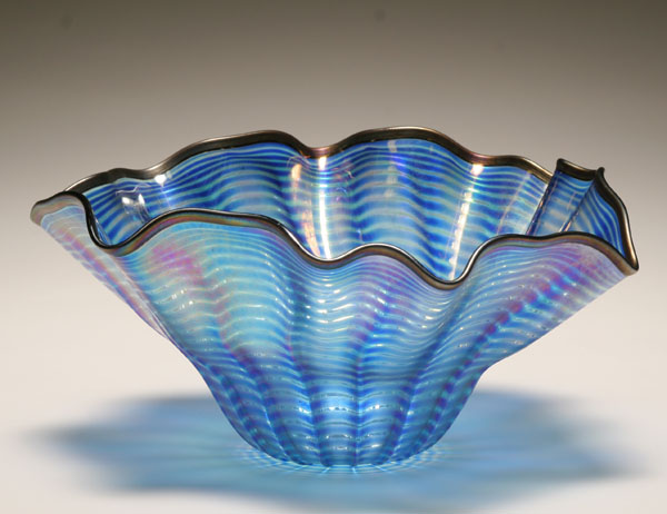 Appraisal: Cliff Goodman blue iridescent glass handkerchief vase Signed W