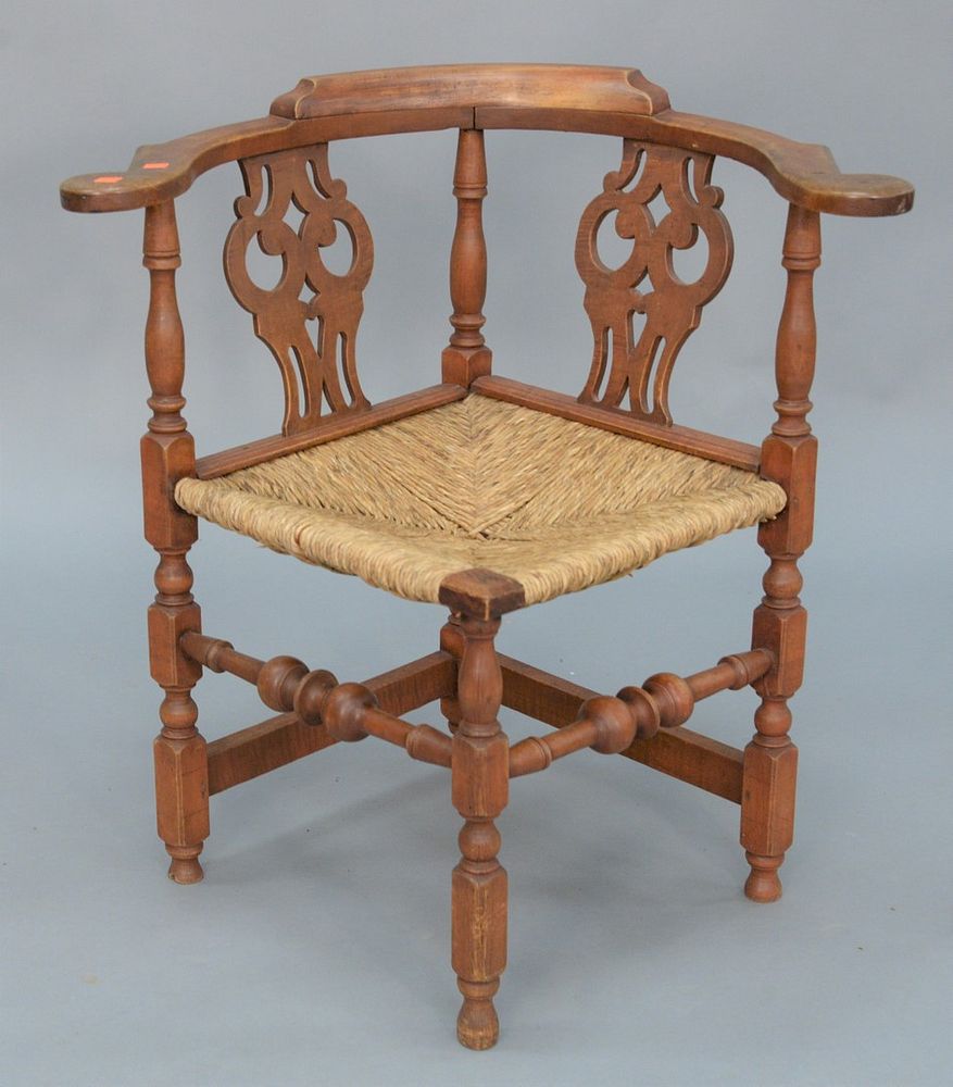 Appraisal: Corner Chair with carved splats and rush seats on block