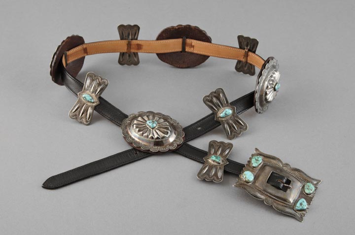 Appraisal: Silverplate Turquoise and Leather Conch Belt having a large rectangular