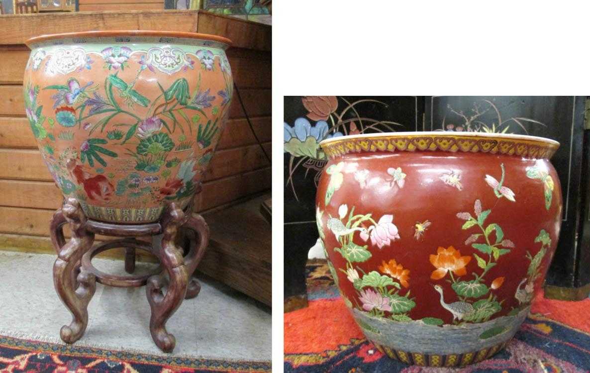 Appraisal: TWO CHINESE PORCELAIN FISHBOWLS WITH ONE WOOD FLOOR STAND the