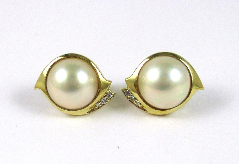 Appraisal: PAIR OF MABE PEARL AND DIAMOND EARRINGS each k yellow