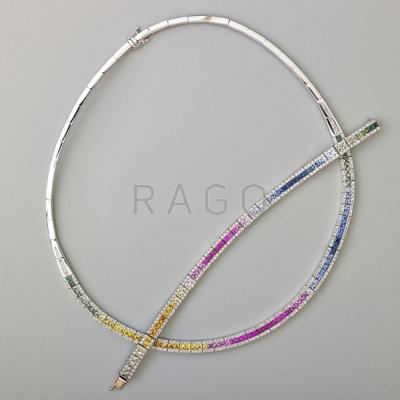 Appraisal: MULTI HUE SAPPHIRE AND DIAMOND RAINBOW JEWELRY Channels of calibrated