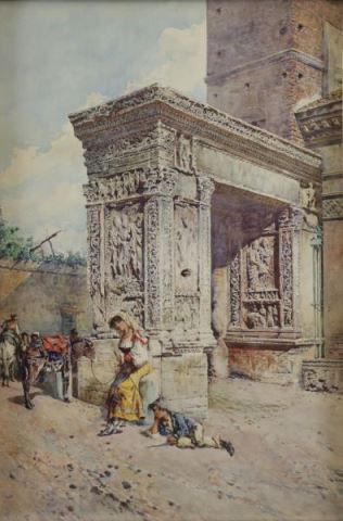 Appraisal: DE FRANCESCHI Mariano Watercolor Peasants AmongAncient Ruins Signed lower right