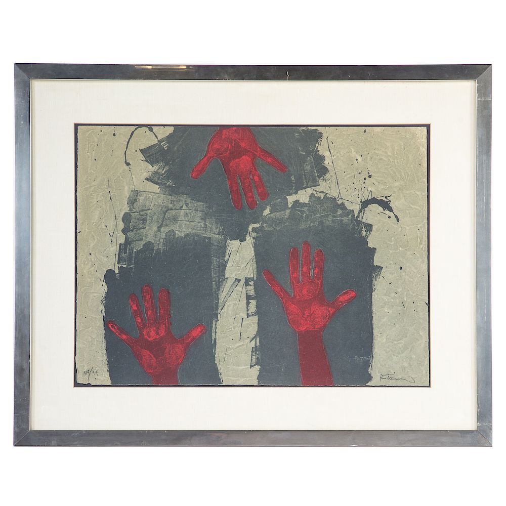 Appraisal: Rufino Tamayo Manos Sobre Fondo Azul etching Mexican - Hands