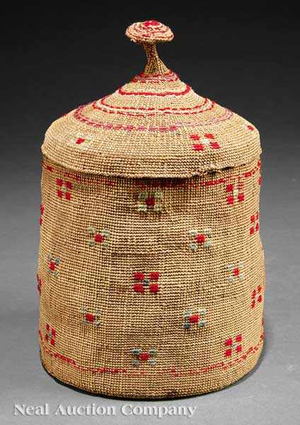 Appraisal: An Aleutian Twined Lidded Basket with red olive and light