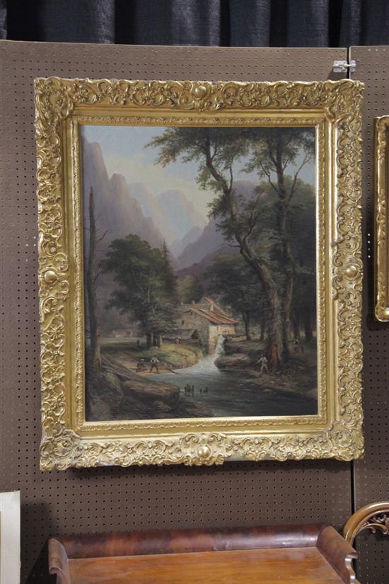 Appraisal: PAINTING Oil on canvas unsigned Alpine scene of fishermen near