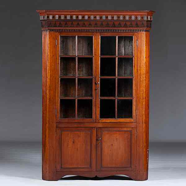 Appraisal: Cherry Corner Cupboard with Carvings Western Pennsylvania or Ohio ca