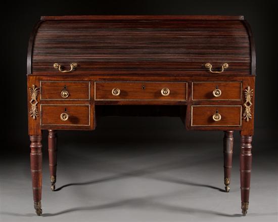 Appraisal: Regency rosewood tambour roll-top desk circa with gilt-metal mounts and