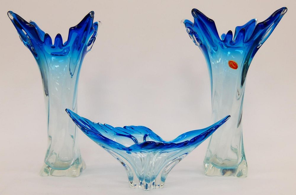 Appraisal: PIECE MURANO GLASS GARNITURE SET Flared vases clear to blue