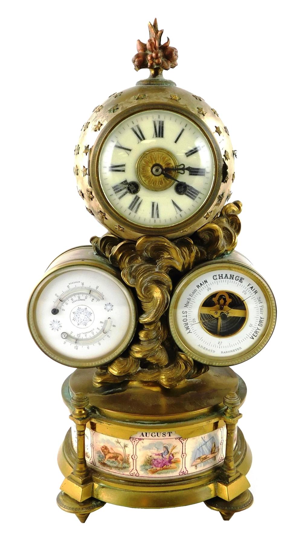 Appraisal: CLOCK Victorian mixed metal tabletop clock with additional barometer thermometer