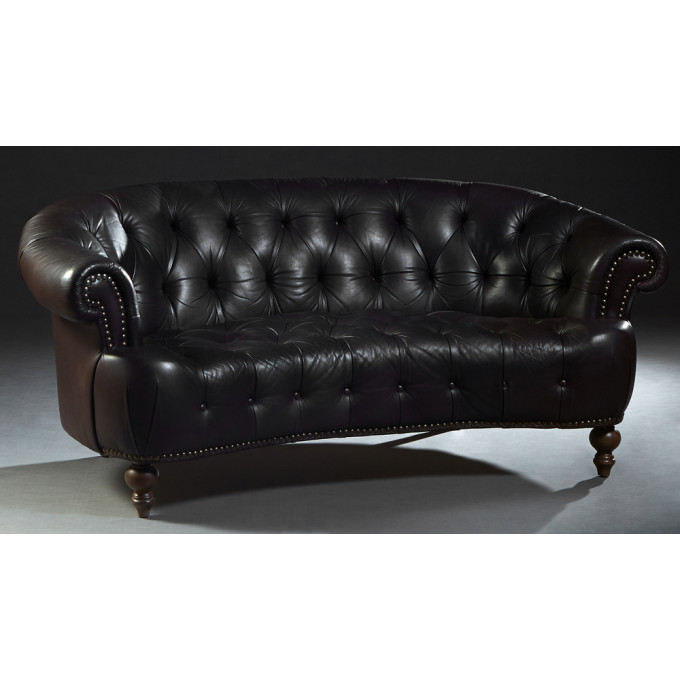 Appraisal: Carved Mahogany Brown Leather Chesterfield Sofa th c the curved