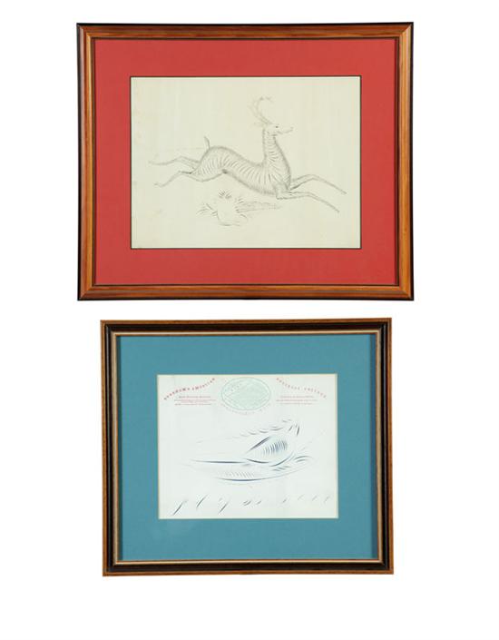 Appraisal: TWO SPENCERIAN DRAWINGS American nd half- th century Running deer