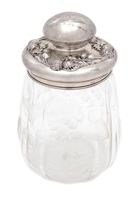 Appraisal: An American Silver Mounted and Covered Etched Glass Presentation Jar