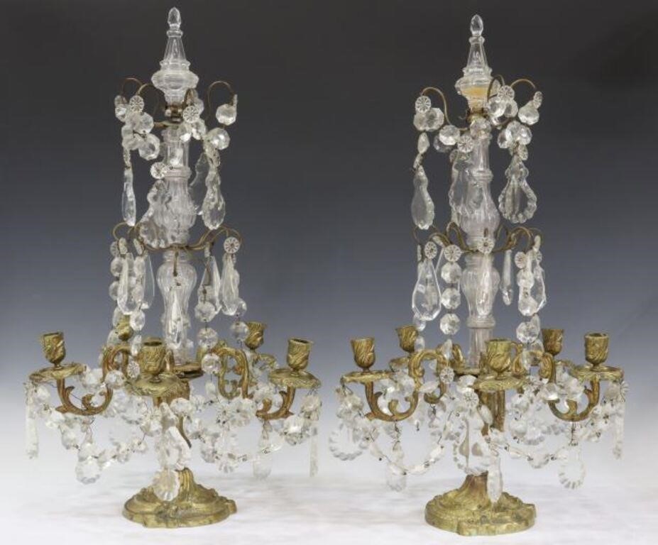 Appraisal: pair French gilt metal and crystal five-light girandole candelabra early