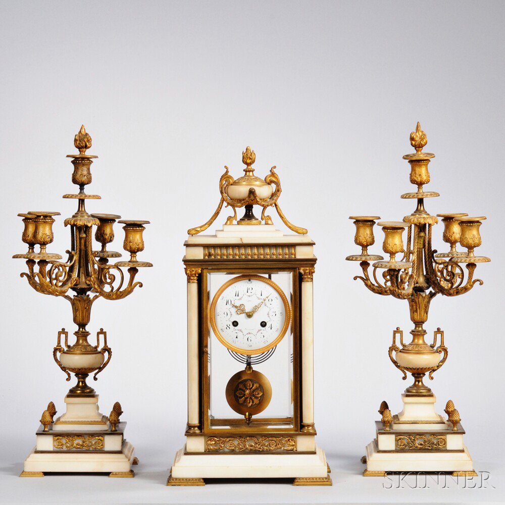 Appraisal: Brass-mounted Alabaster Clock and Garniture Set Bailey Banks Biddle Philadelphia