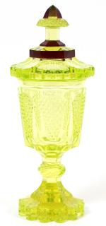 Appraisal: A VASELINE GLASS COVERED URN RED OVERLAY A VASELINE GLASS