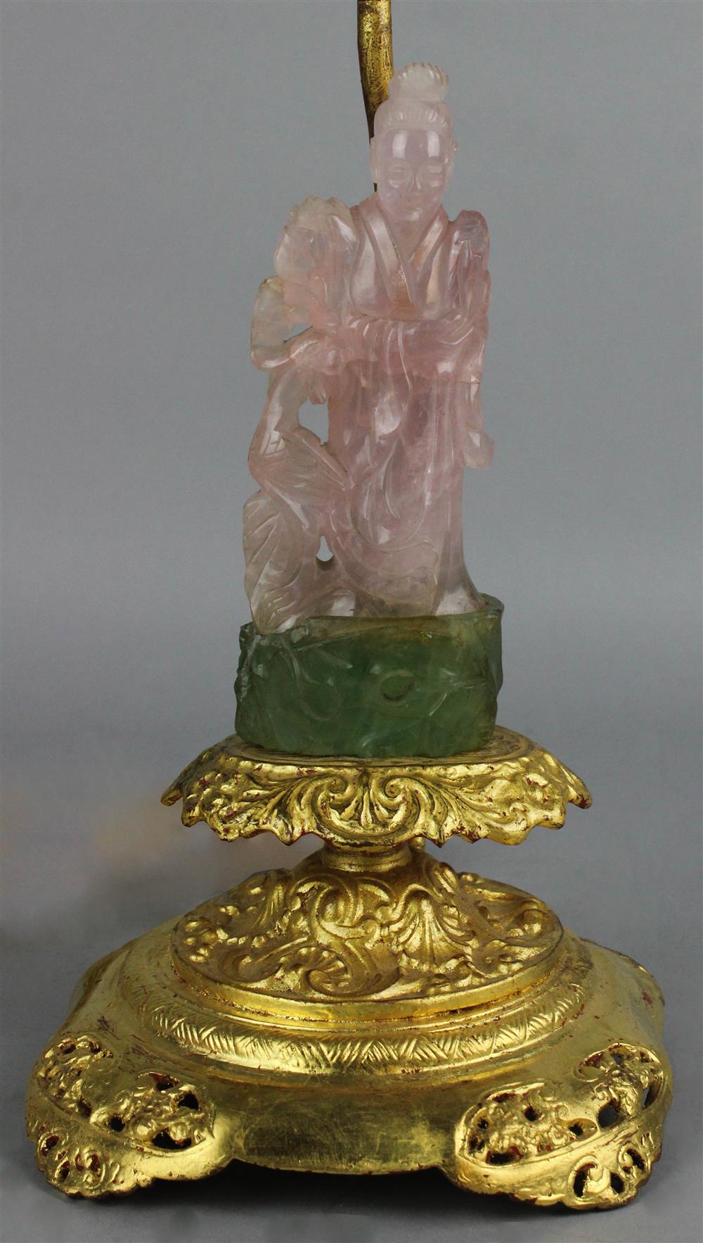 Appraisal: CHINESE ROSE QUARTZ AND GREEN QUARTZ FIGURES OF GUANYIN NOW