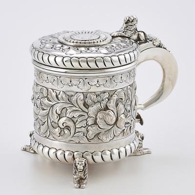 Appraisal: DANISH SILVER TANKARD Foliate repousse vessel with acanthus and fluted