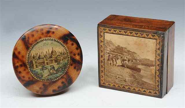 Appraisal: A TUNBRIDGEWARE SQUARE BOX with inset photograph and surrounded by