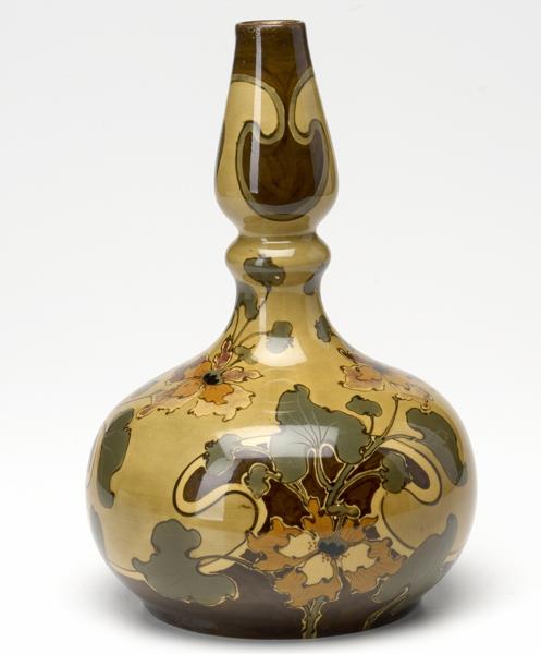 Appraisal: ERNEST WAHLISS Gourd-shaped vase painted with flowers in amber and