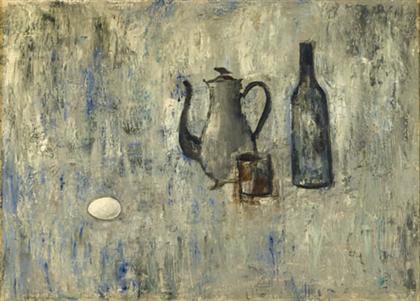 Appraisal: XAVIER BUENO italian - STILL LIFE WITH BOTTLE COFFEE POT