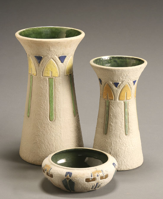 Appraisal: Two Roseville 'Mostique' Graduated Vases and a Bowl Circa Each