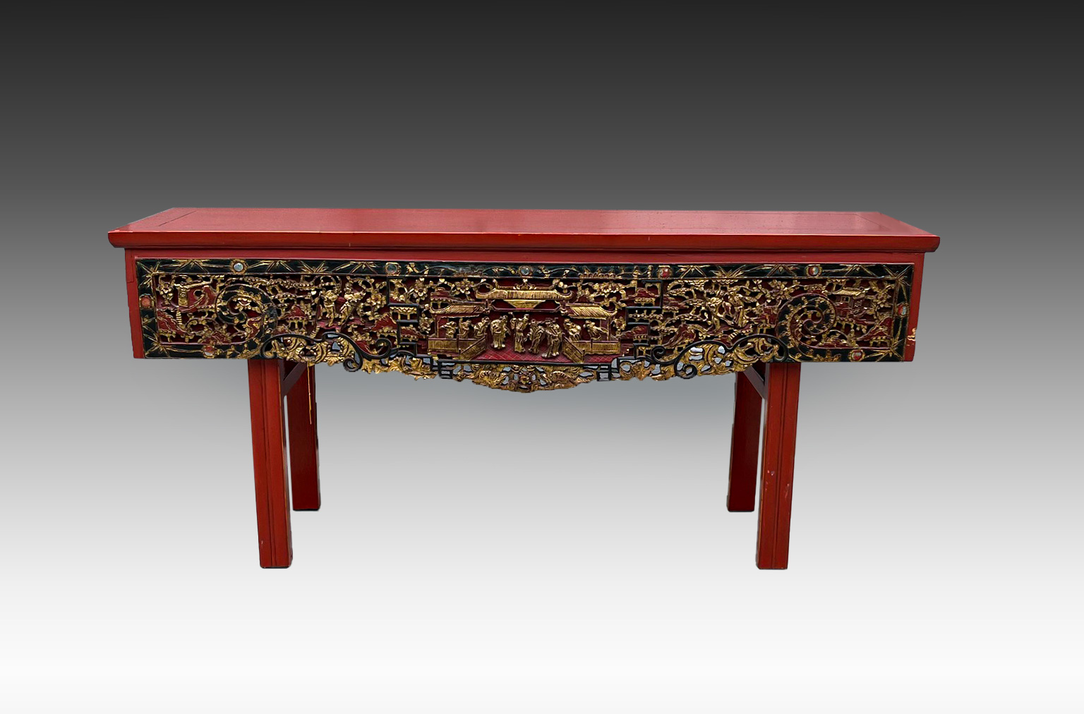 Appraisal: CHINESE RED LACQUERED ALTAR TABLE Lacquered Chinese altar table having