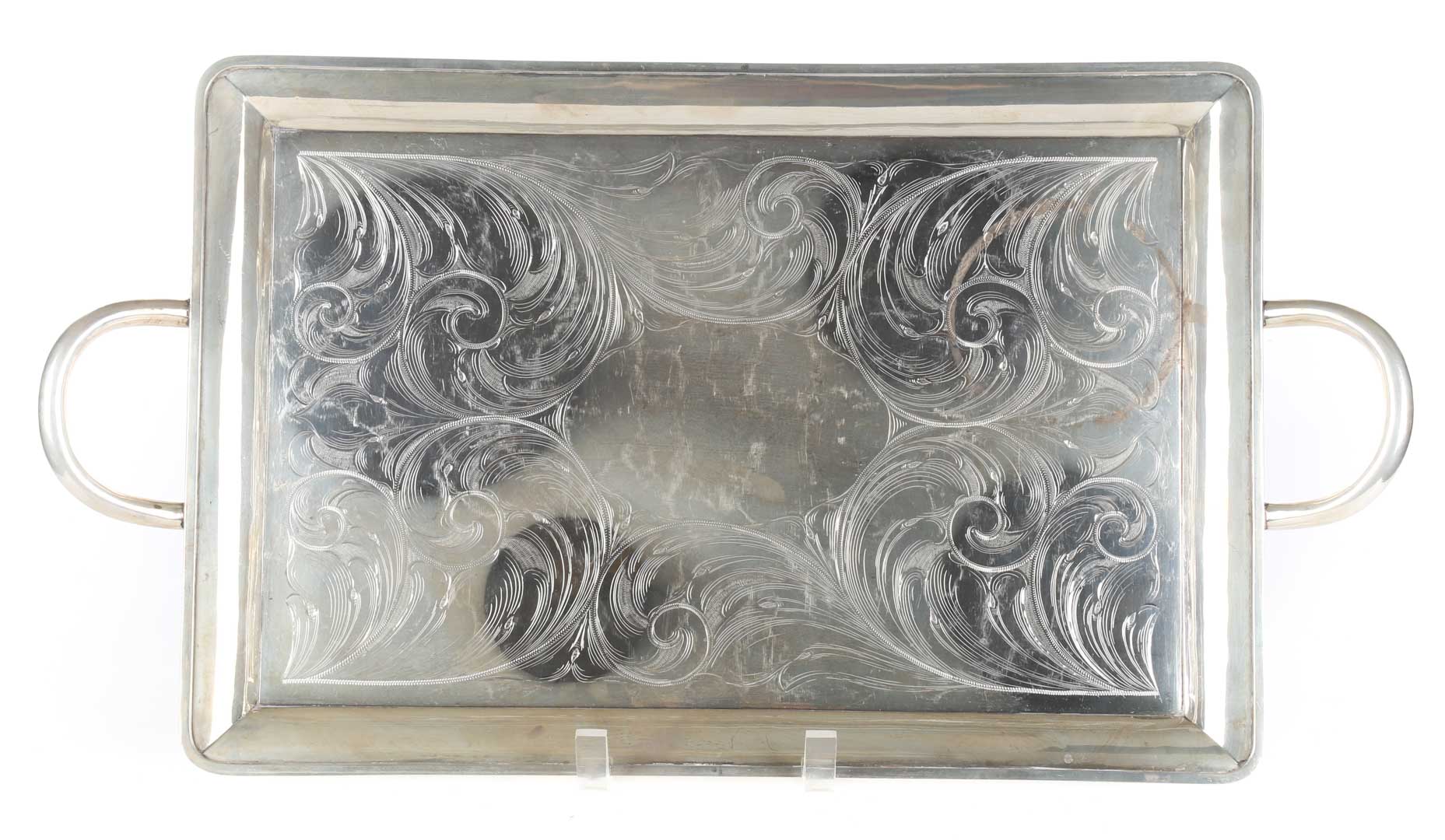 Appraisal: Engraved sterling silver double-handle tea tray x in over handles