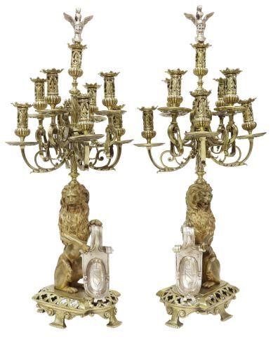 Appraisal: pair French bronze eight-light candelabra standard modeled as lion sejant