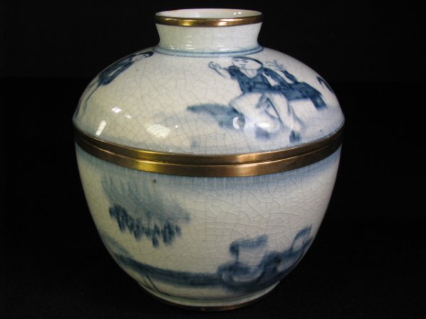 Appraisal: Hand painted ceramic covered bowl with brass rim Crackle pattern