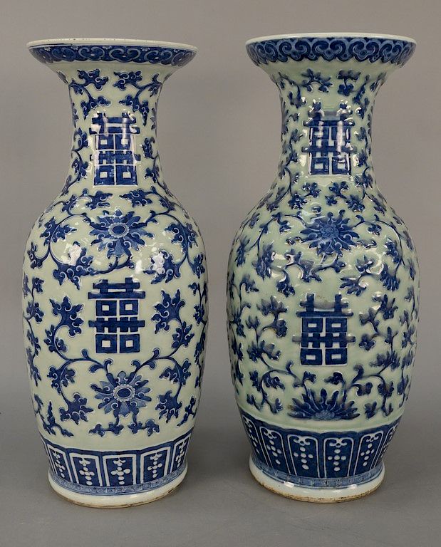 Appraisal: Pair of large Chinese baluster vases celadon glazed with blue