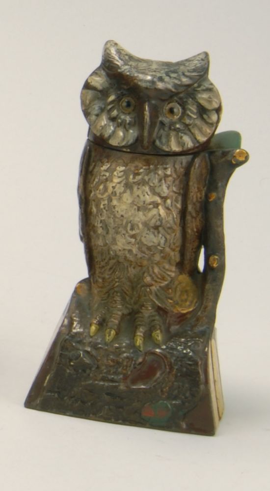 Appraisal: CAST IRON MECHANICAL OWL BANK Circa The Slot and Book