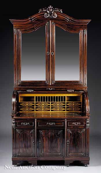 Appraisal: A Fine Monumental American Rococo Carved Rosewood Secretary Bookcase mid-