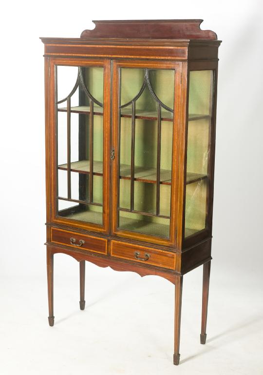 Appraisal: EDWARDIAN INLAID MAHOGANY VITRINE CABINET ON STAND the case decorated